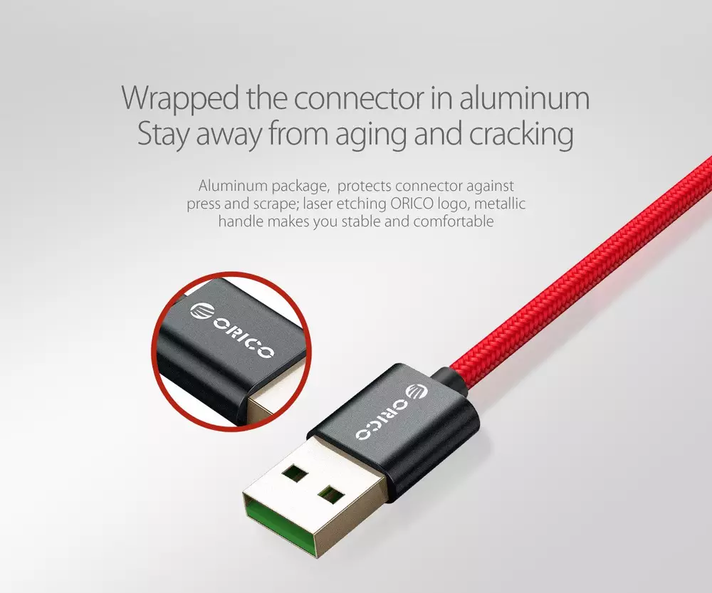 Orico кабел Cable - USB2.0 Type A to Type-C - 5A Fast Charging, Kevlar Braided, 1m - KAC-10-RD