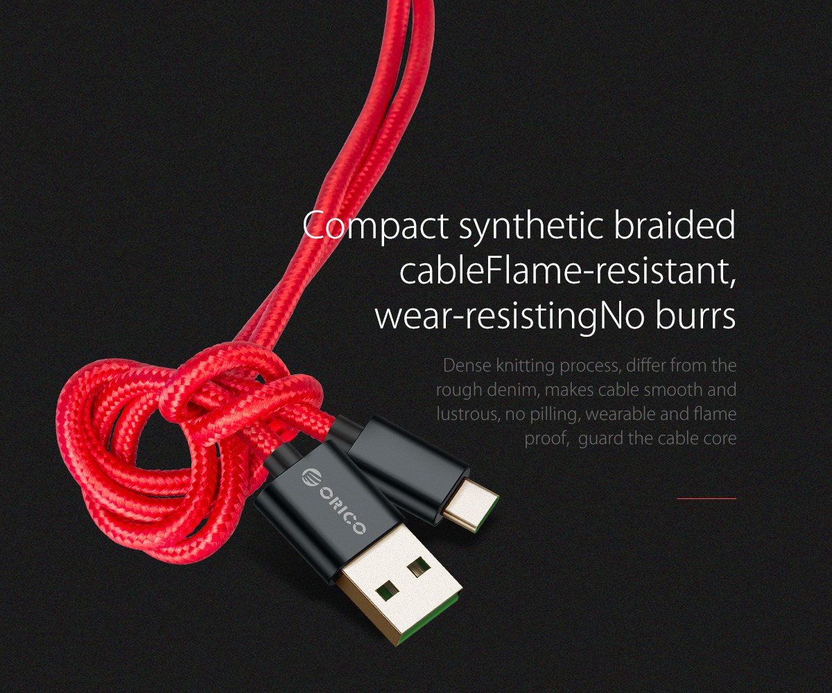 Orico кабел Cable - USB2.0 Type A to Type-C - 5A Fast Charging, Kevlar Braided, 1m - KAC-10-RD