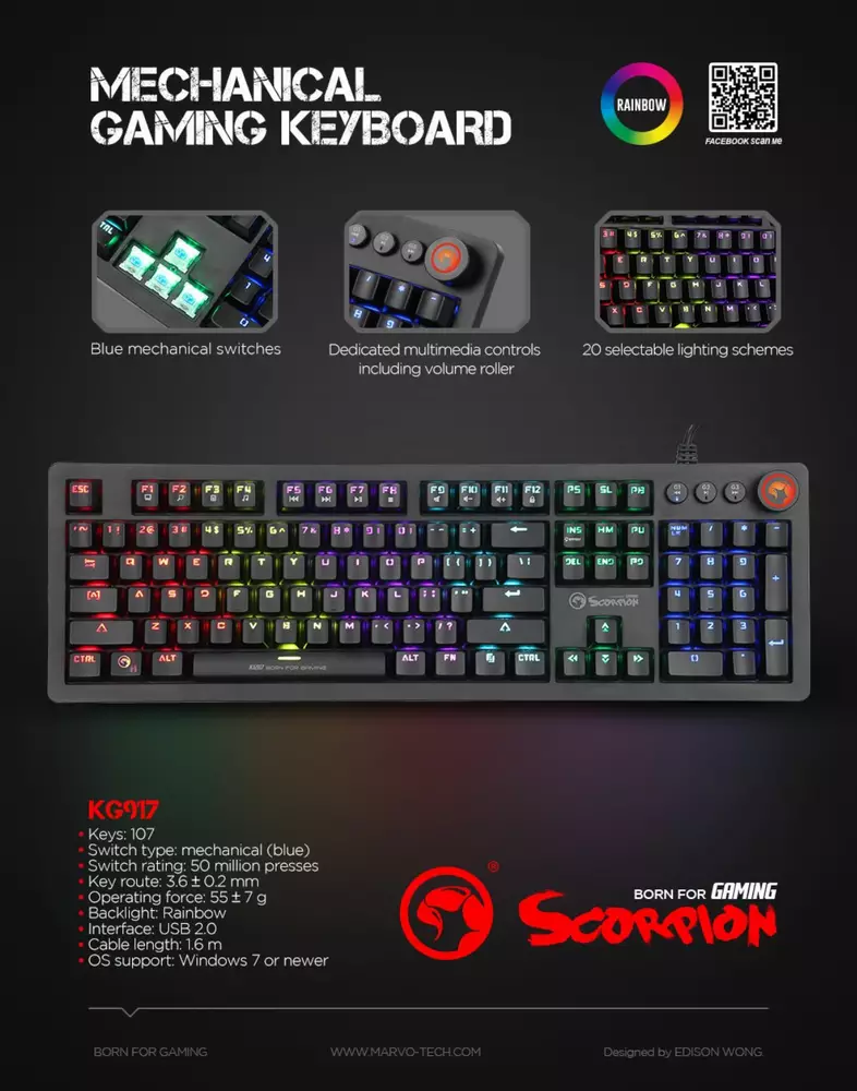 Геймърска механична клавиатура Marvo KG917 - Blue switches - MARVO-KG917