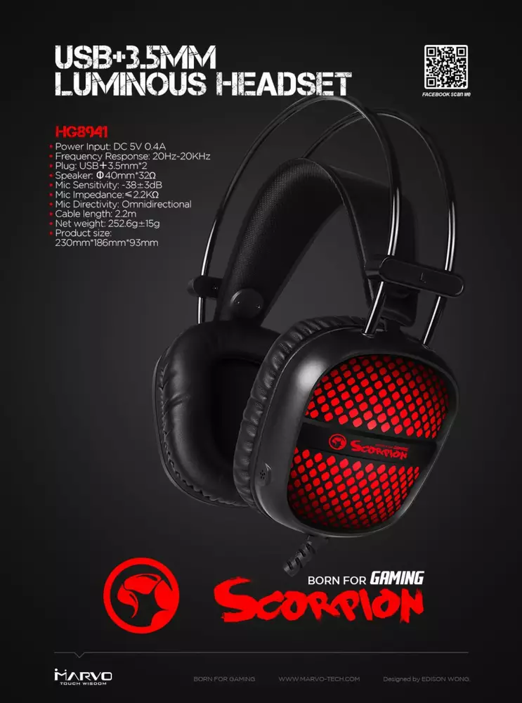 Marvo γυμναστικά ακουστικά Gaming Headphones Backlight 7 color - MARVO-HG8941