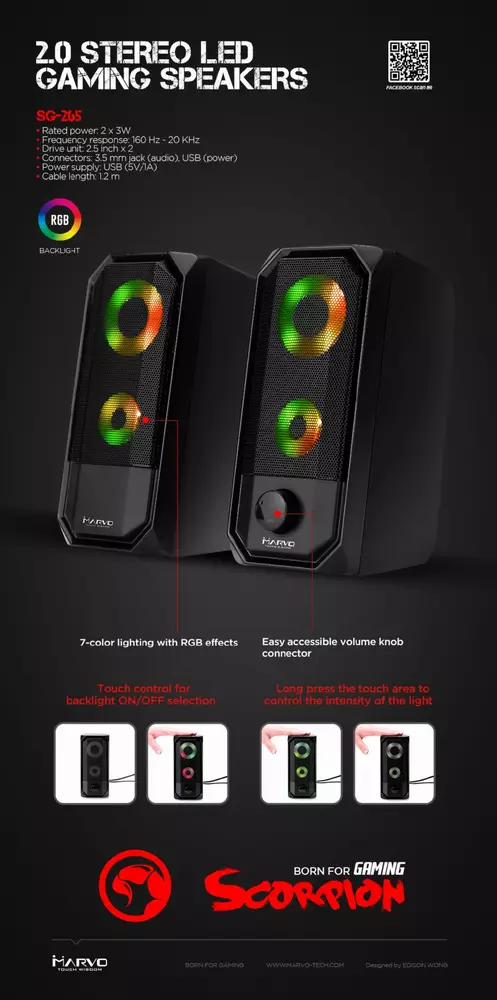 Marvo тонколони Gaming Speakers 2.0 6W RGB - MARVO-SG-265