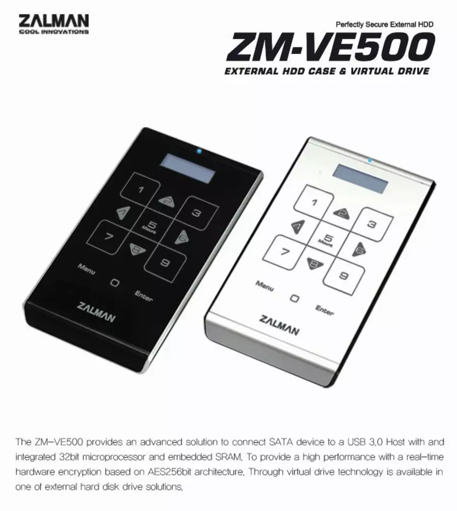 Zalman кутия с криптиране External HDD case / Virtual Drive with AES-256 real-time Encription -  ZM-VE500-BLACK