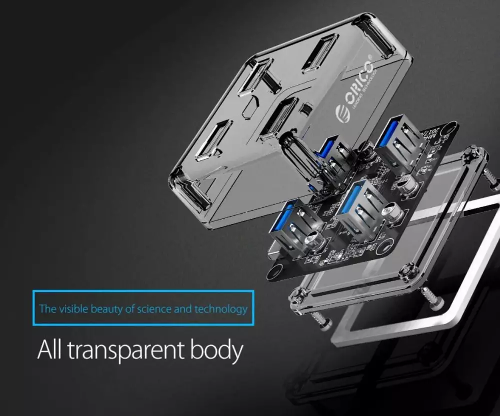 Orico хъб USB3.0 HUB 4 port transparent - MH4U-U3-03-CR
