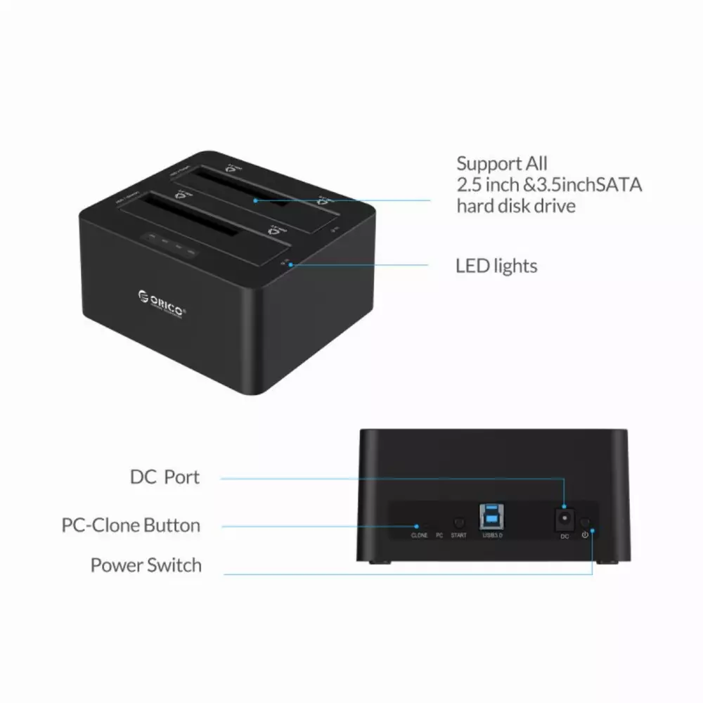 Orico докинг станция Storage - HDD/SSD Dock - 2 BAY Clone 2.5/3.5 USB3.0 - 6629US3-C