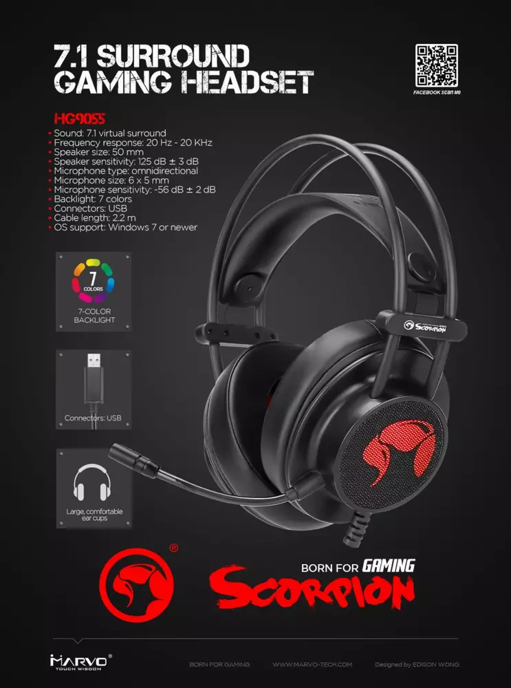 Marvo геймърски слушалки Gaming Headphones HG9055 - 7.1 / Backlight / USB