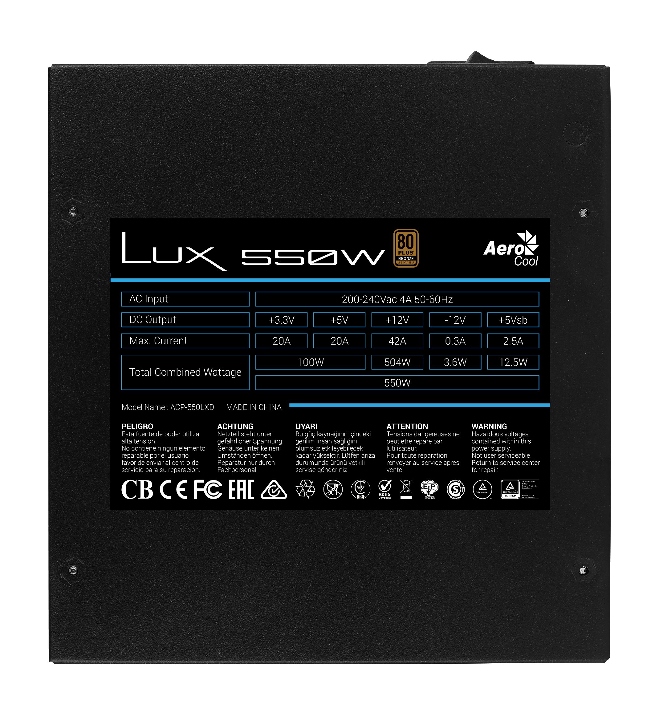 Захранване AeroCool PSU LUX 550W 80+ Bronze