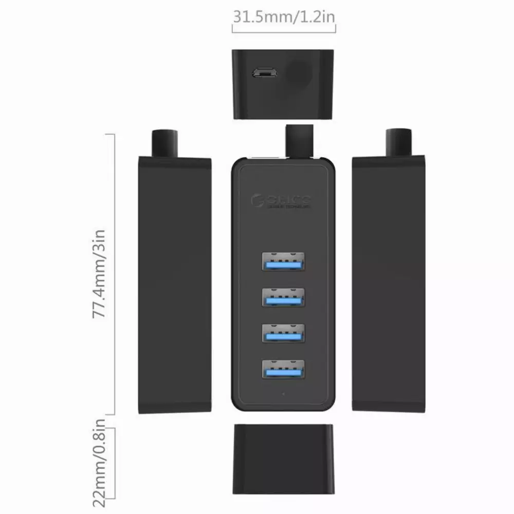 Orico хъб USB3.0 HUB 4 port - USB/Micro USB input, 1m cable - W5P-U3-100-BK-PRO