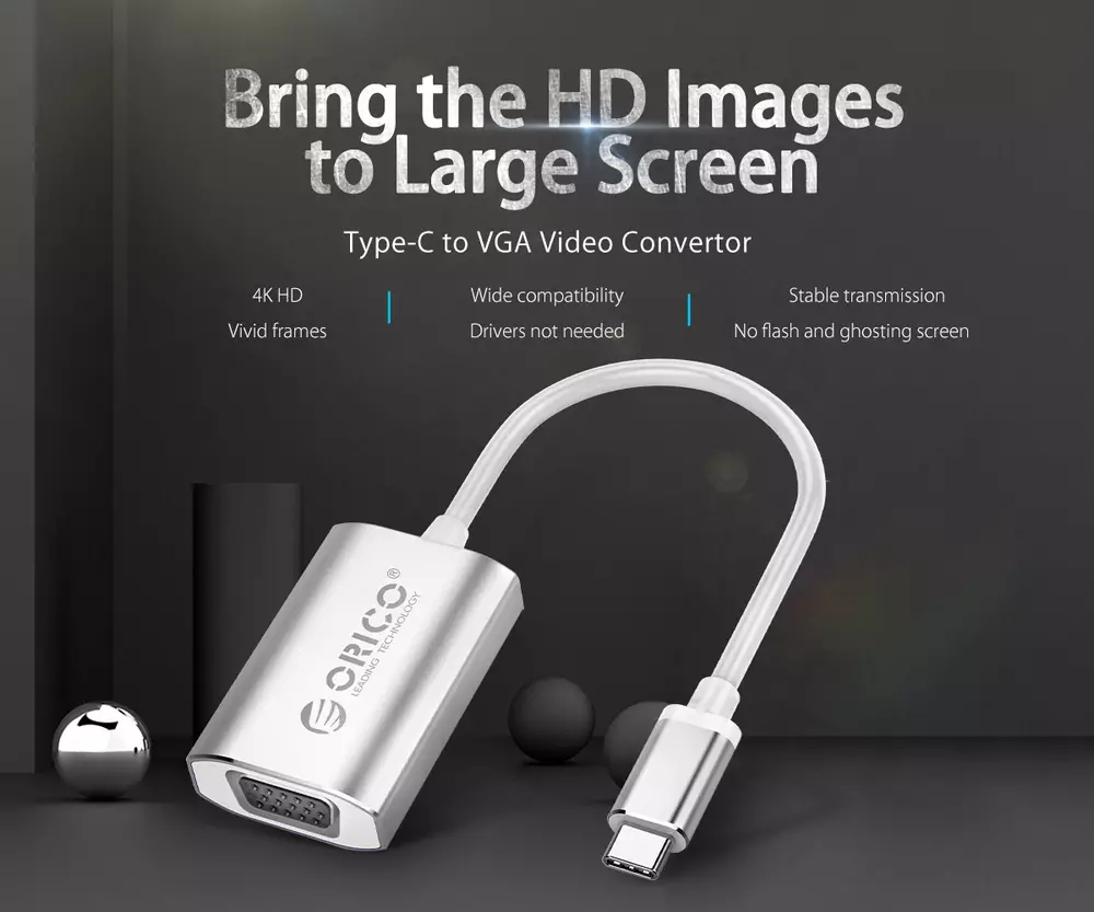 Orico адаптер Adapter - USB 3.1 Type C -> VGA F, silver - XC-102