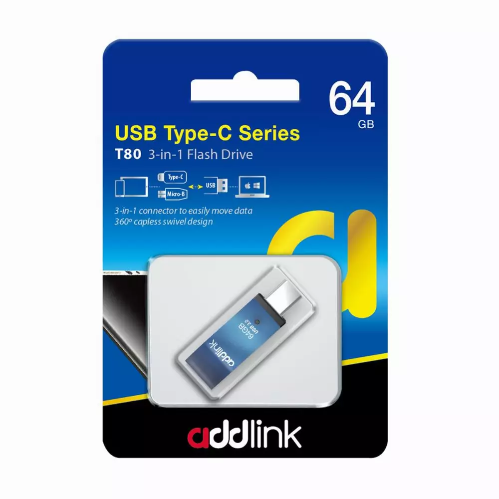 Addlink флашка Flash T80 64GB 3-in-1 USB 3.1 Type C / OTG Micro B / USB 3.0 Aluminium Blue - ad64GBT80B3