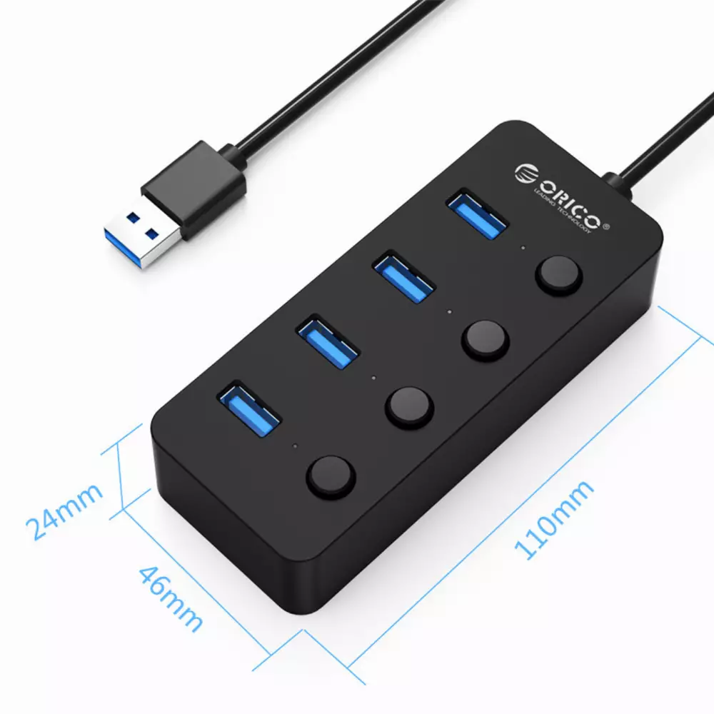 Orico хъб USB3.0 HUB 4 port black, 4 On/Off buttons - W9PH4-U3-BK