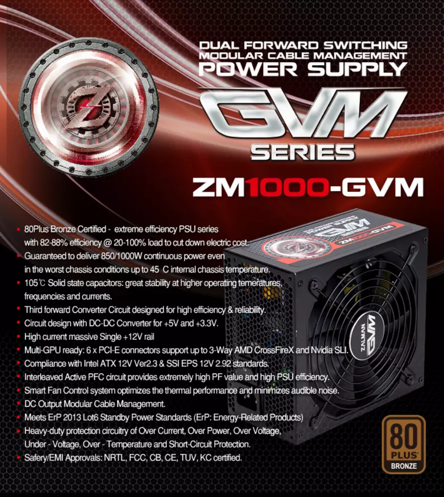 Захранване Zalman ZM-1000GVM 1000W 80+ Bronze PSU