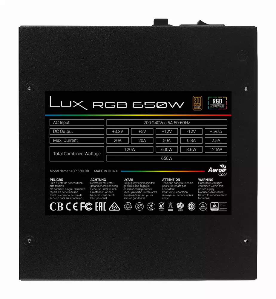 Захранване AeroCool LUX RGB 650W 80+ Bronze PSU