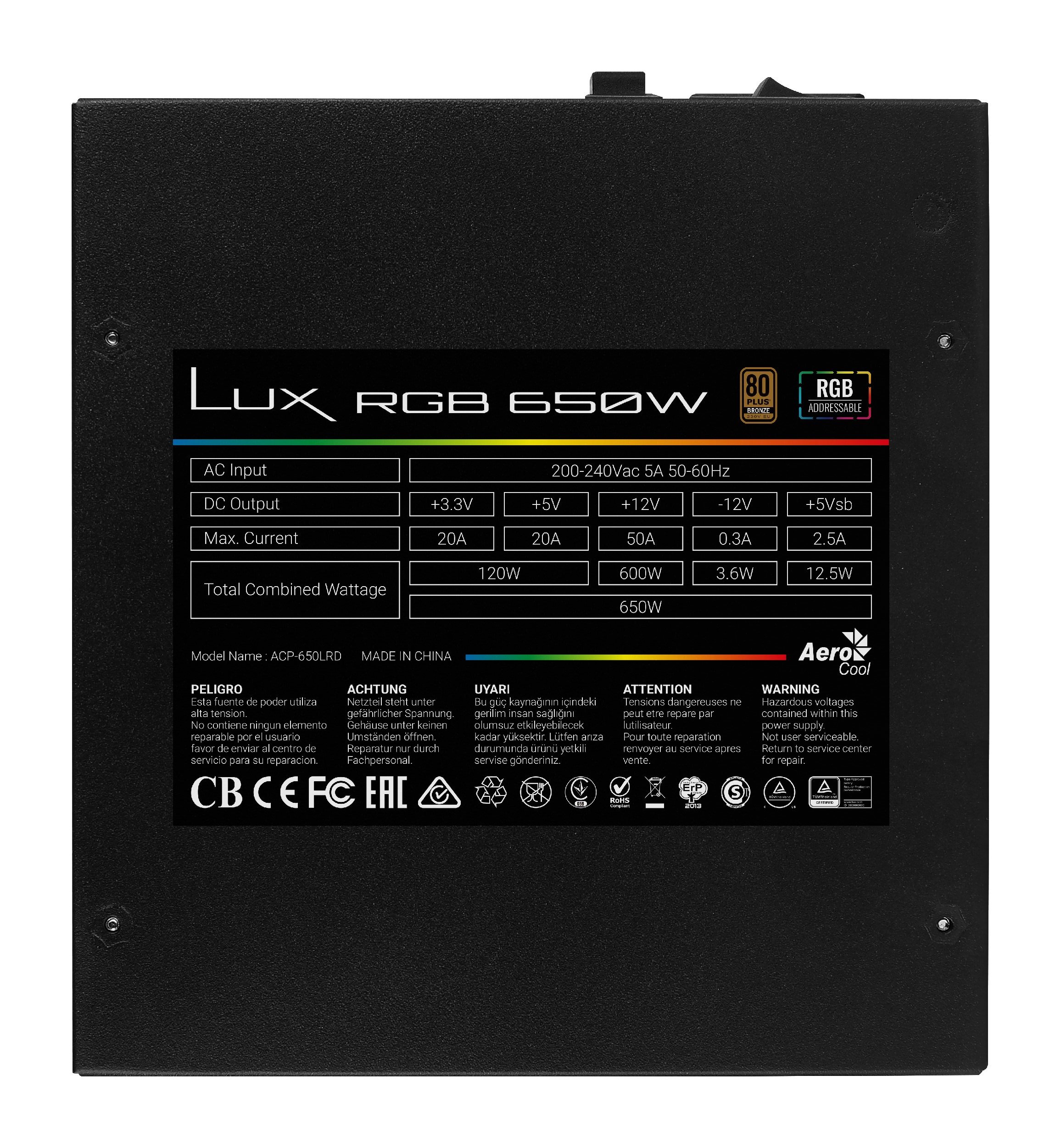 Захранване AeroCool LUX RGB 650W 80+ Bronze PSU