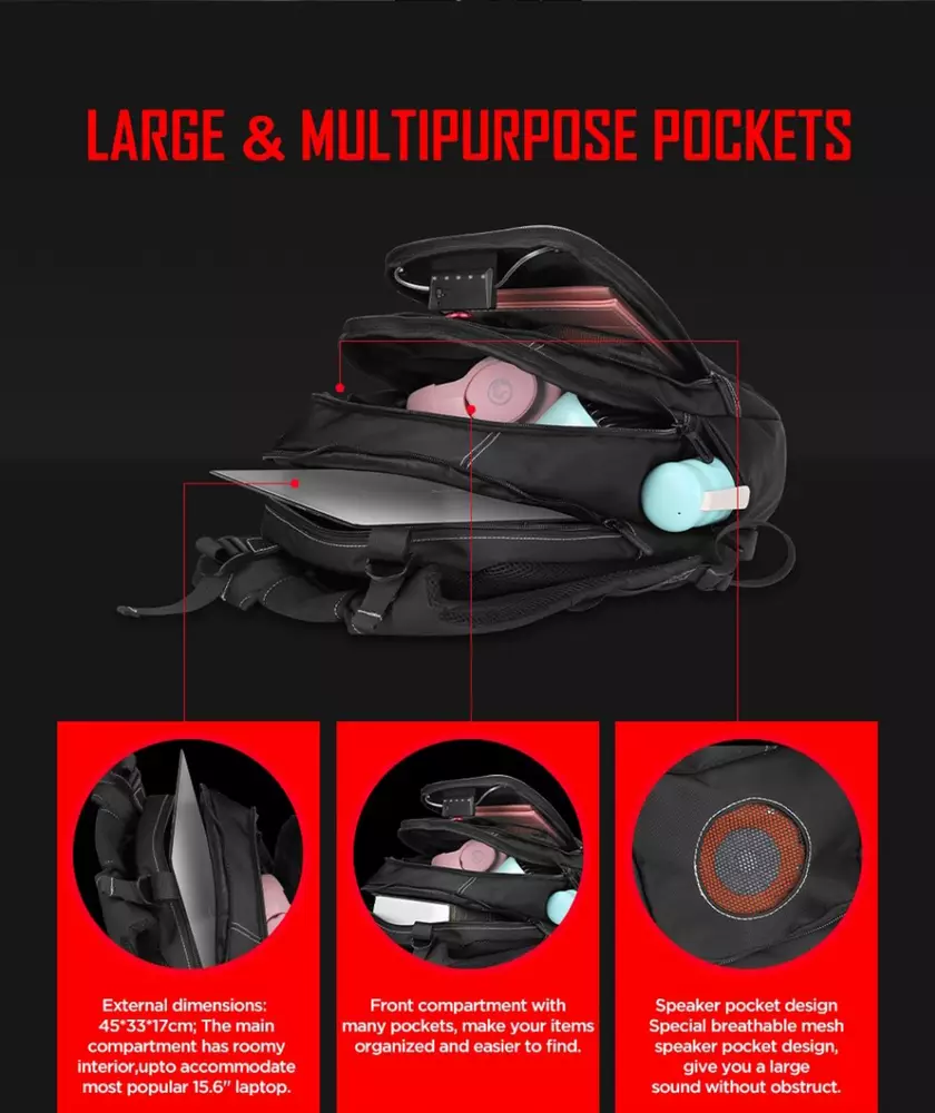 Marvo геймърска раница Gaming Backpack 15.6" RGB with Bluetooth Speaker - MARVO-BA-02