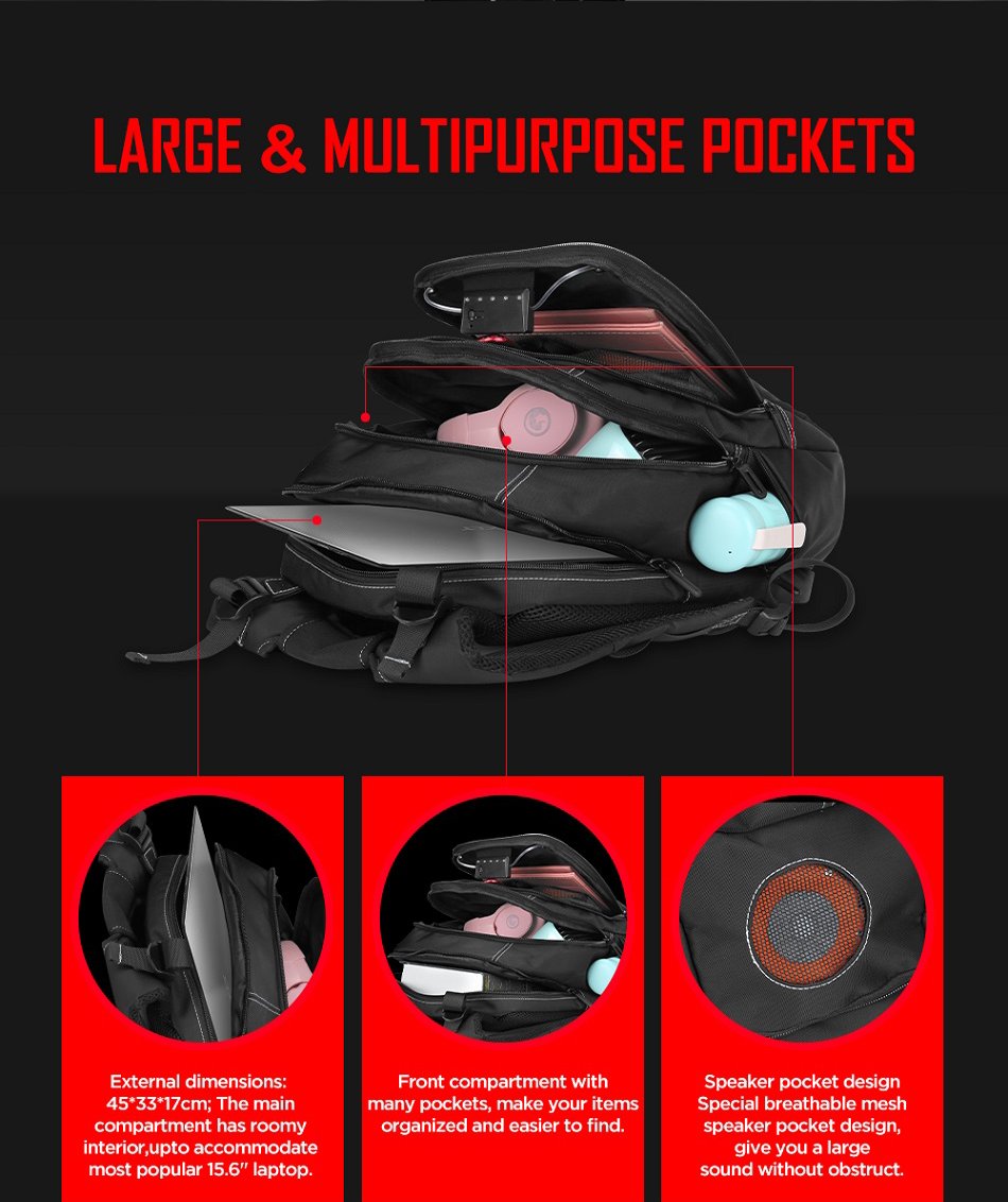 Marvo геймърска раница Gaming Backpack 15.6" RGB with Bluetooth Speaker - MARVO-BA-02