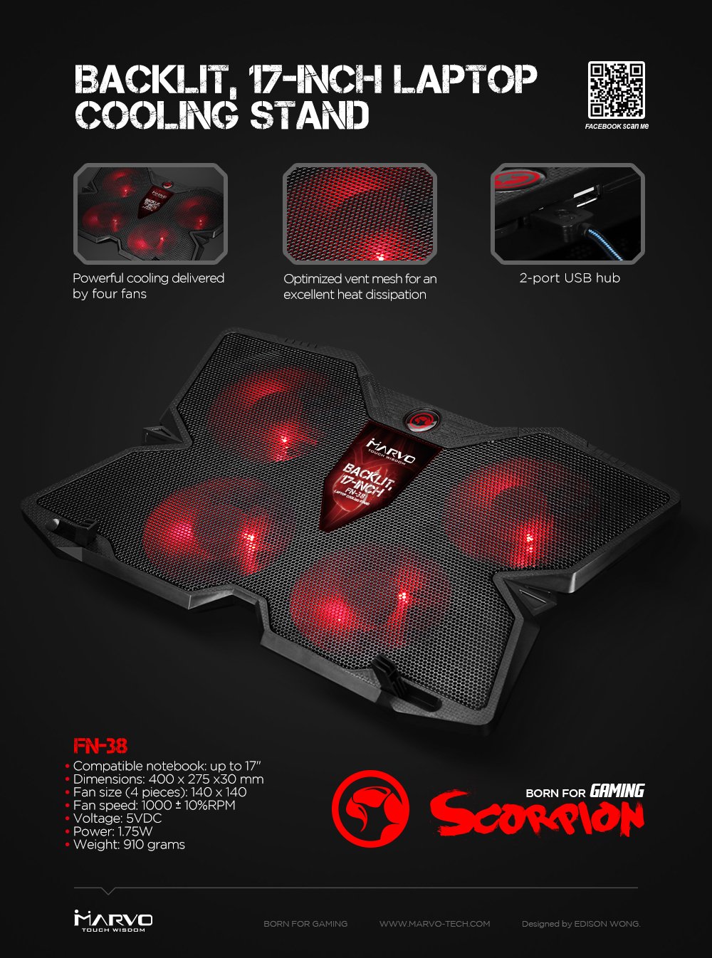 Marvo Охладител за лаптоп Gaming Notebook Cooler 17" - MARVO-FN-38-RD