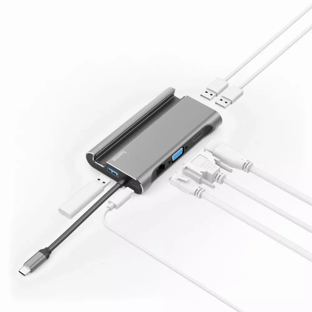 Докинг станция 7 в 1 HAMA 135764, 3x USB-A 3.1, HDMI&trade;, VGA, LAN, USB-C (PD), Сив