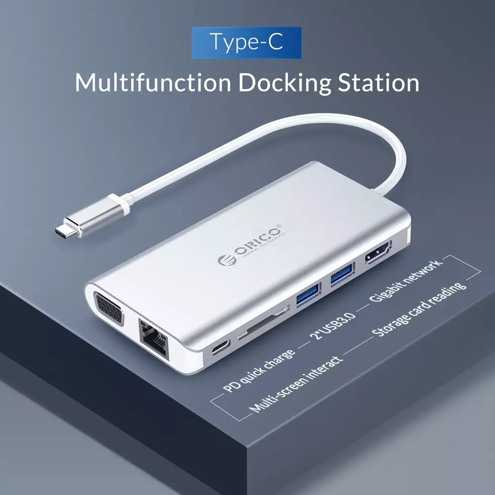Orico докинг станция Type-C Docking Station Power Distribution - HDMI, USB3.0 x 2, LAN, SD, VGA, Audio - XC-304-SV