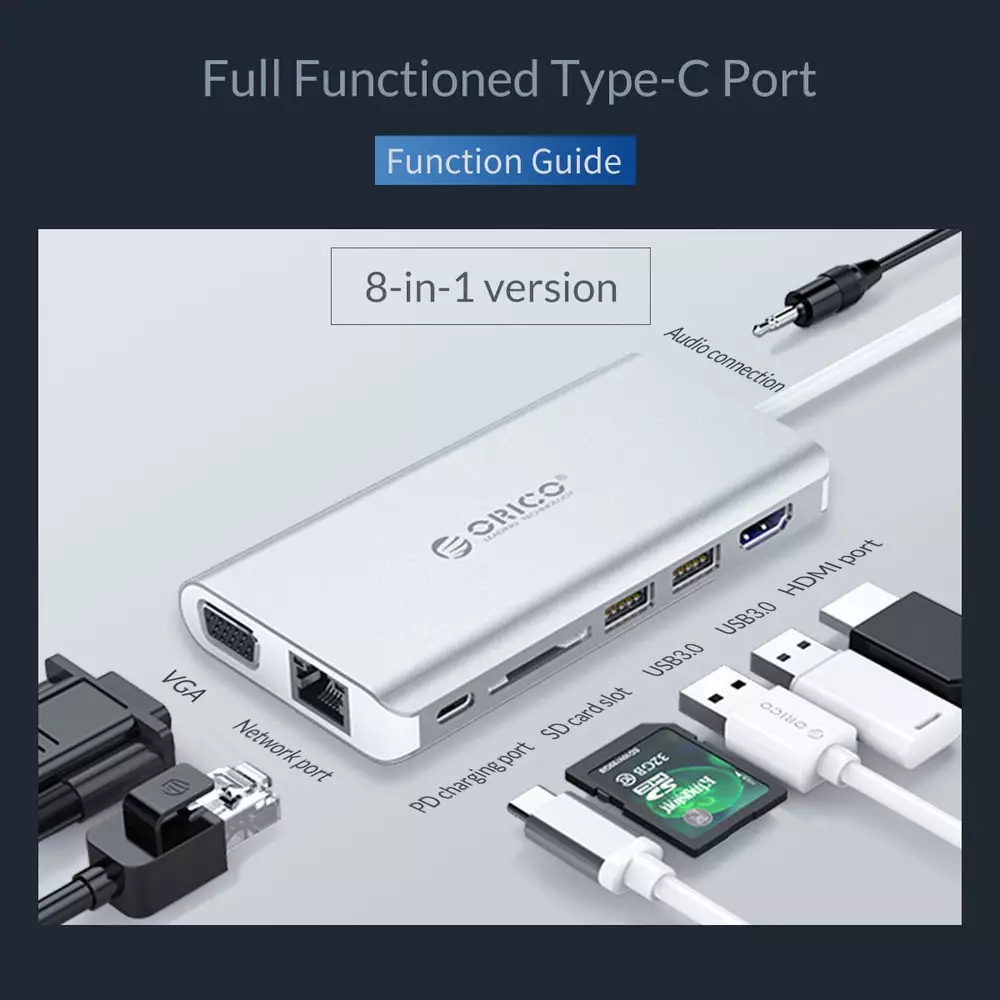 Orico докинг станция Type-C Docking Station Power Distribution - HDMI, USB3.0 x 2, LAN, SD, VGA, Audio - XC-304-SV