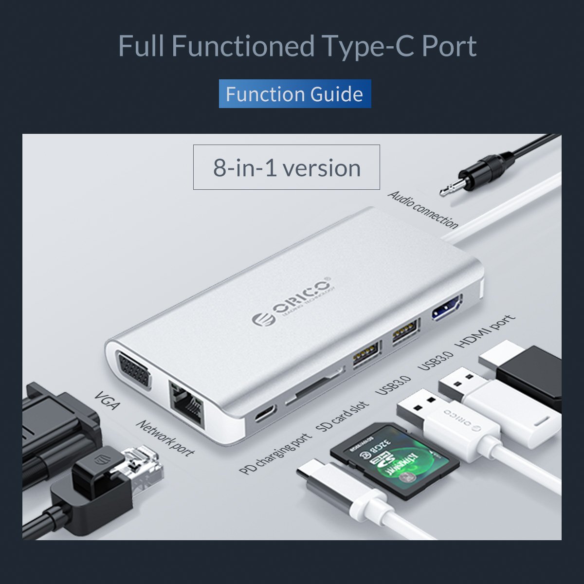 Orico докинг станция Type-C Docking Station Power Distribution - HDMI, USB3.0 x 2, LAN, SD, VGA, Audio - XC-304-SV