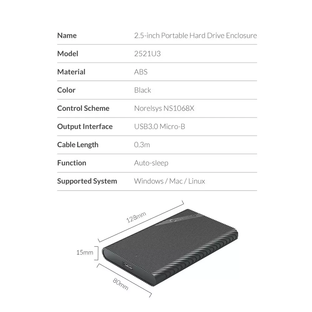 Външна кутия за диск Orico 2521U3-BK-EP Storage Case 2.5 inch USB3.0