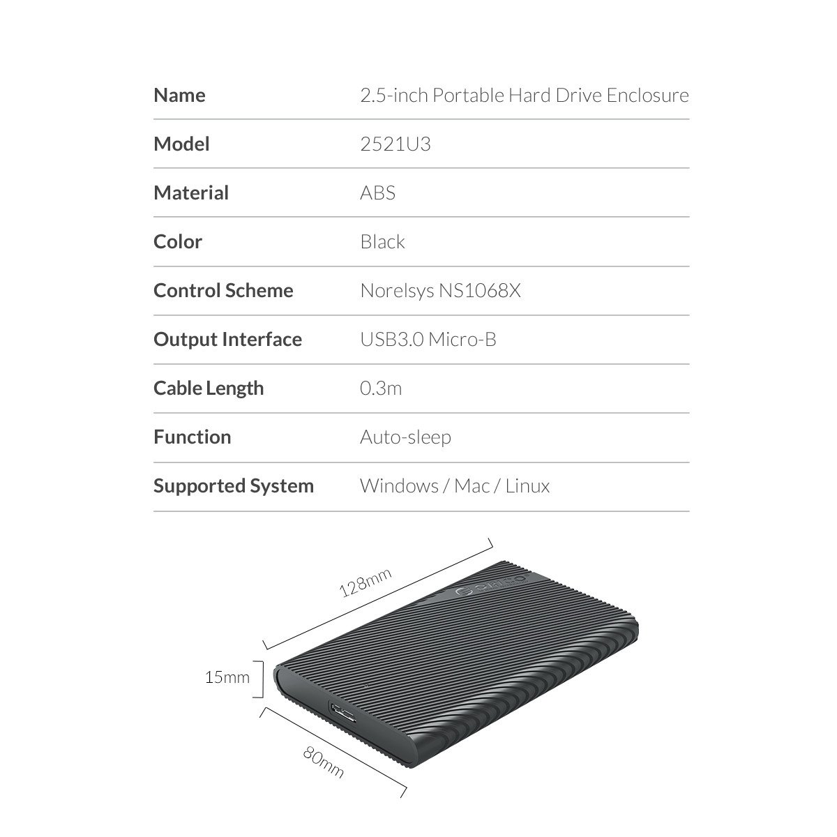 Външна кутия за диск Orico 2521U3-BK-EP Storage Case 2.5 inch USB3.0