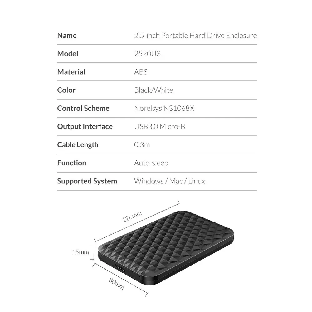 Εξωτερική θήκη δίσκου Orico 2520U3-BK-EP Storage Case 2.5 inch USB3.0