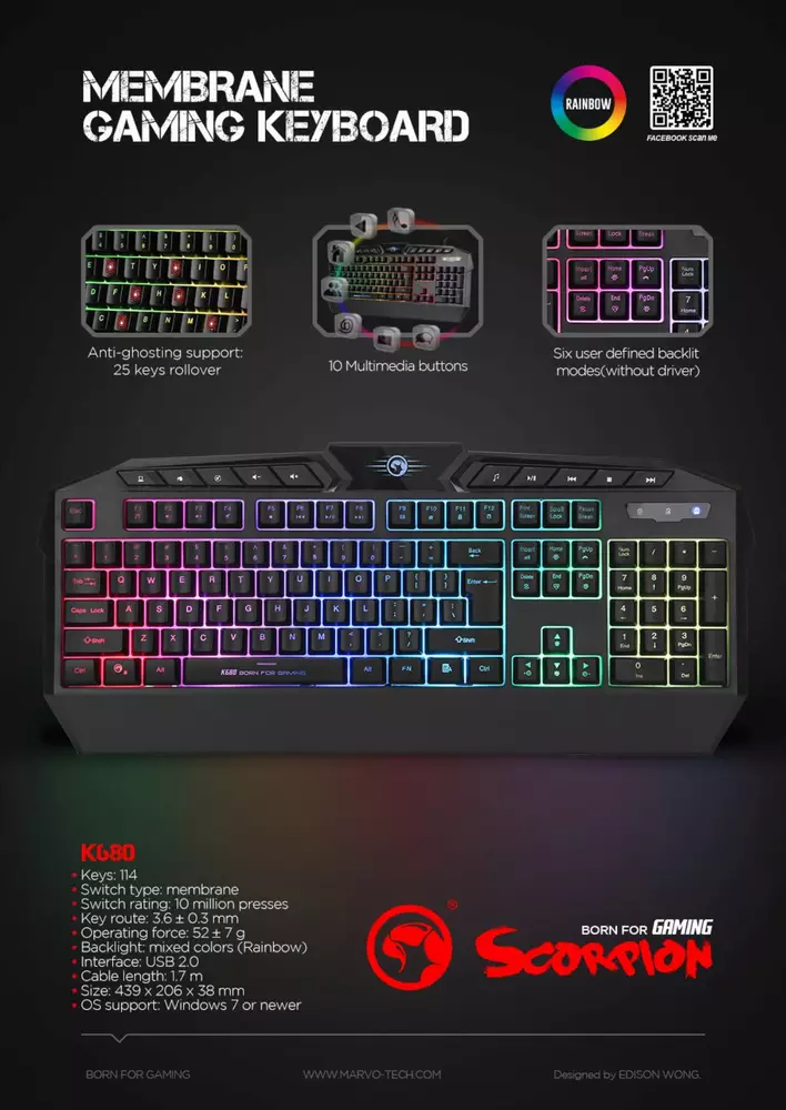 Marvo геймърска клавиатура Gaming Keyboard K680 - Wrist support, 114 keys, Backlight - MARVO-K680