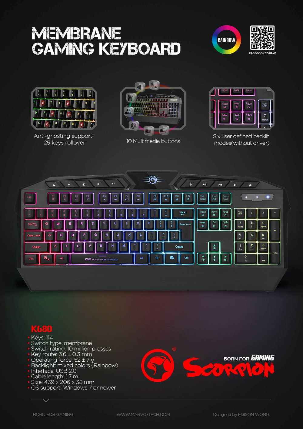 Marvo геймърска клавиатура Gaming Keyboard K680 - Wrist support, 114 keys, Backlight - MARVO-K680