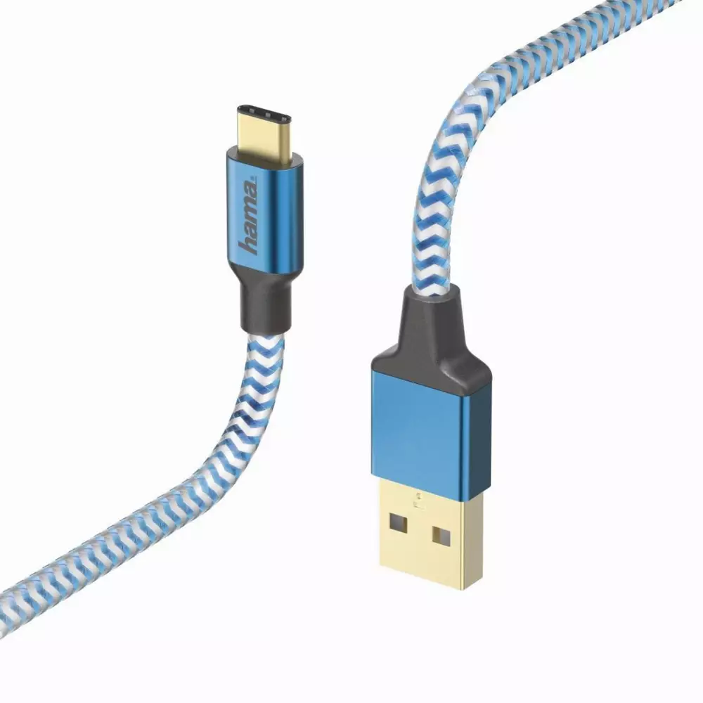 Кабел HAMA Reflective, USB-C мъжко - USB-A мъжко, 480 Mbps, 1.5 м., Син