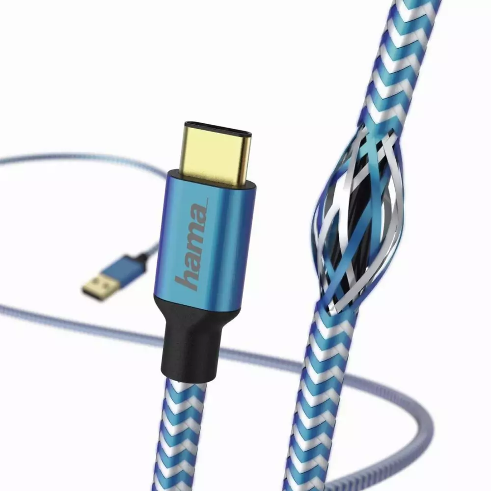 Кабел HAMA Reflective, USB-C мъжко - USB-A мъжко, 480 Mbps, 1.5 м., Син