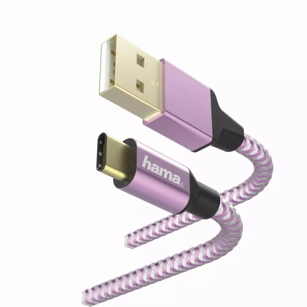 Кабел HAMA Reflective, USB-C мъжко - USB-A мъжко, 480 Mbps, 1.5 м., Лилав