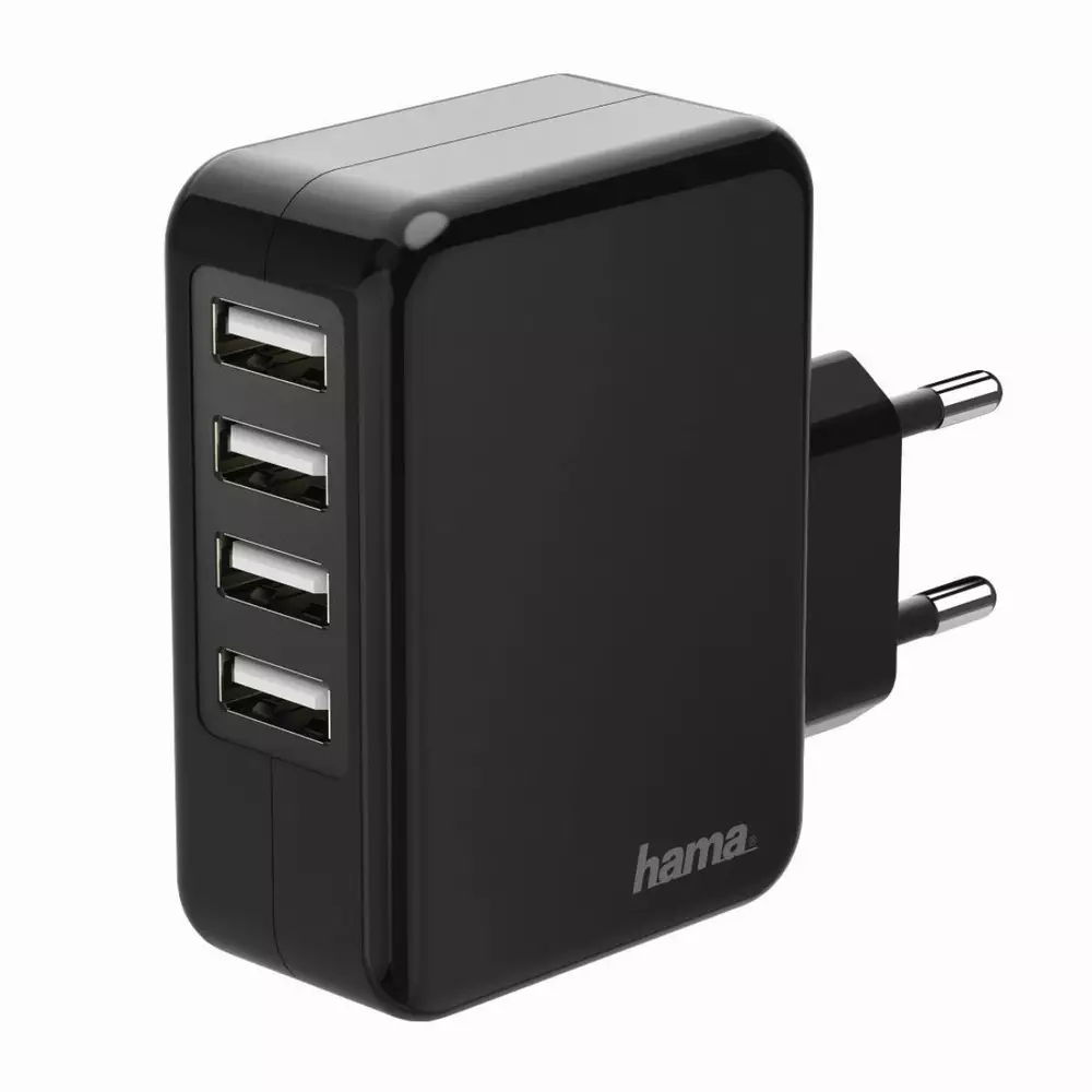 Зарядно 220V HAMA, с 4 USB порта, 4.8 A, Черно