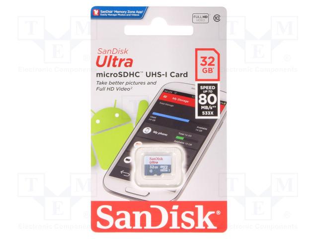 Карта памет SANDISK Ultra®, Android,32GB, Class 10 UHS-I U1, 80 Mb/s, Без преходник