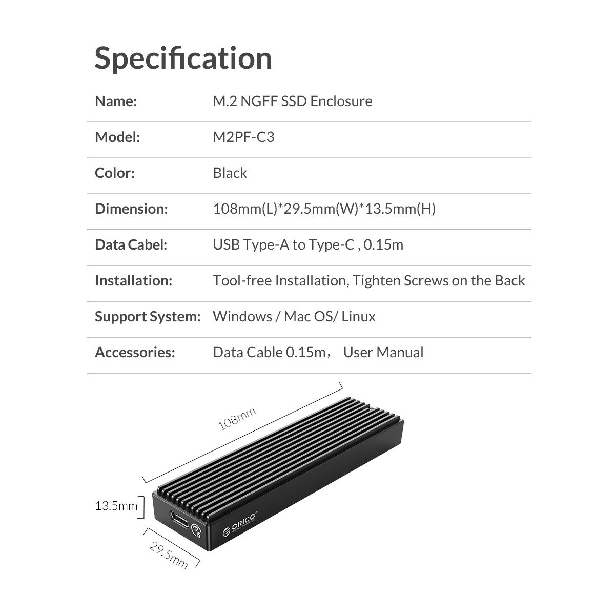 Външна кутия за диск Orico M.2 SATA B-key 5 Gbps