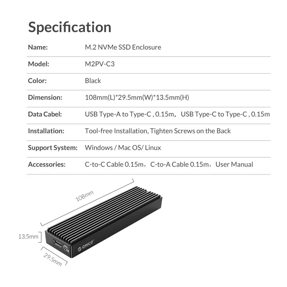 Външна кутия за диск Orico M.2 NVMe M-key 10 Gbps