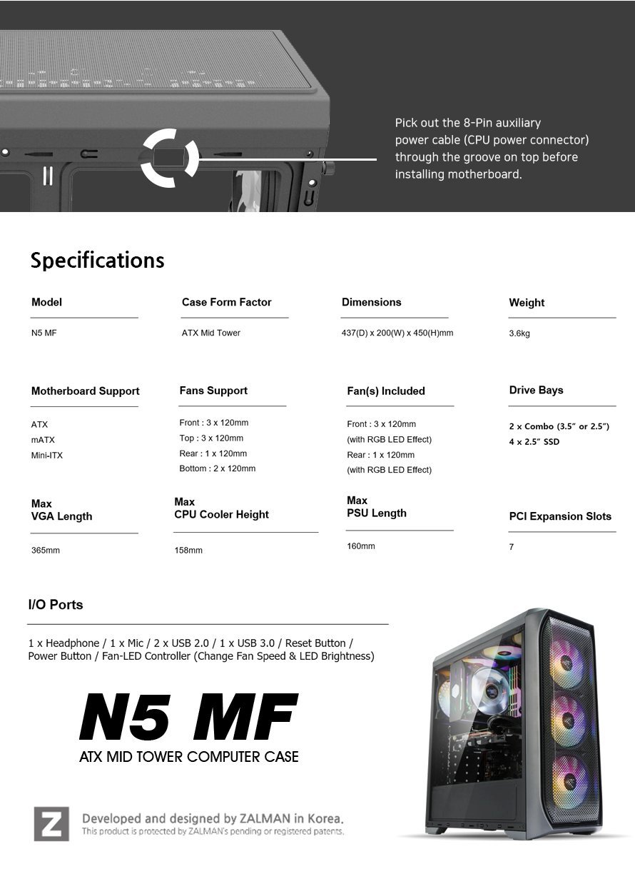 Кутия Zalman N5 MF 4 x 120mm Fixed RGB