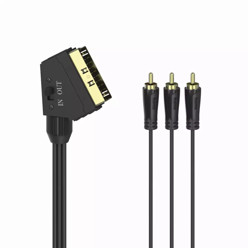 Videokabel HAMA 3 Cinch In/Out zu Scart, 1.5m mit Schalter, vergoldet