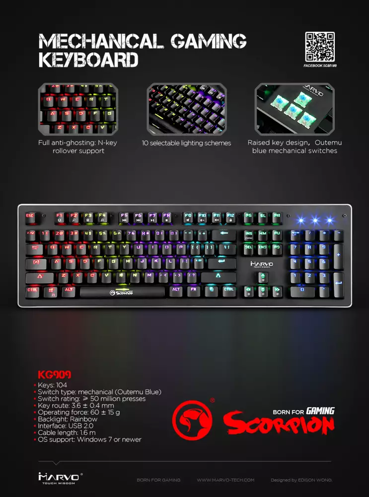 Геймърска механична клавиатура Marvo KG909 - Outemu Blue switches - MARVO-KG909