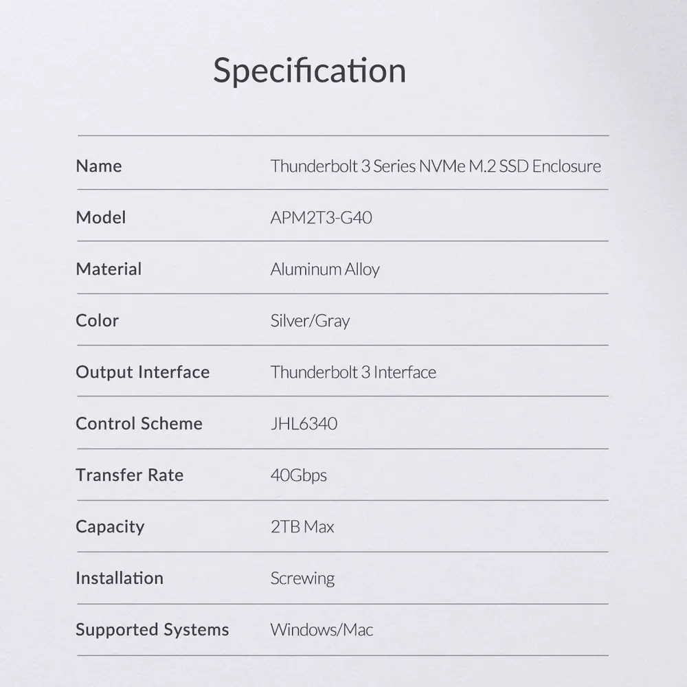 Външна кутия за диск  Orico APM2T3-G40 Storage Case M.2 NVMe M key THUNDERBOLT 3 40Gbps - 