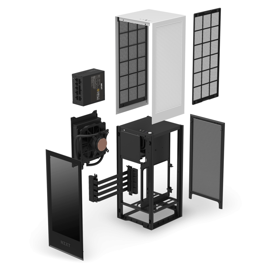 Кутия NZXT H1 Matte White с PSU, AIO Liquid Cooler, GPU Riser