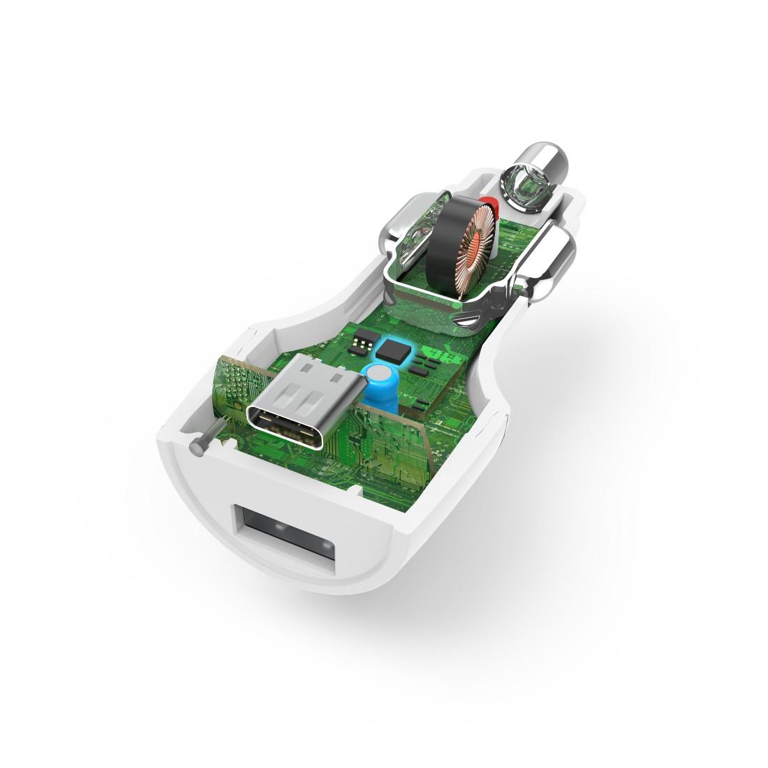 Зарядно за кола HAMA, USB Type-C + USB-A, Power Delivery (PD), 42W, Бял