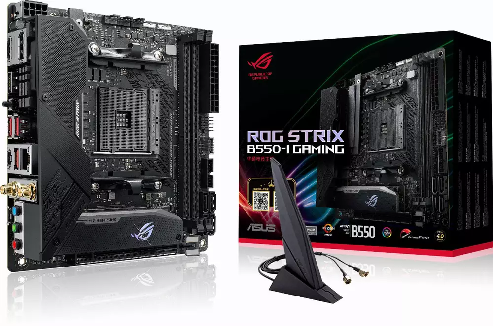 Дънна платка ASUS ROG STRIX B550-I GAMING (WI-FI 6) socket AM4, mITX, 2xDDR4, Aura Sync, PCIe 4.0, Dual M.2, 2.5GB Lan