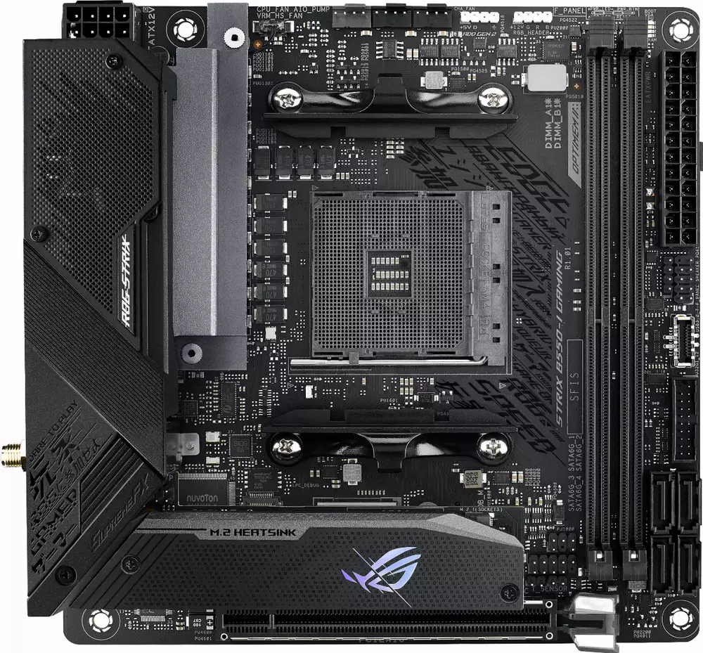 Дънна платка ASUS ROG STRIX B550-I GAMING (WI-FI 6) socket AM4, mITX, 2xDDR4, Aura Sync, PCIe 4.0, Dual M.2, 2.5GB Lan