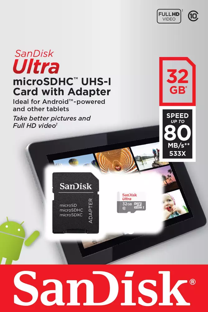 Карта памет SANDISK ULTRA microSDHC UHS-I, 32GB, Class 10, 80MB/s, +Адаптер