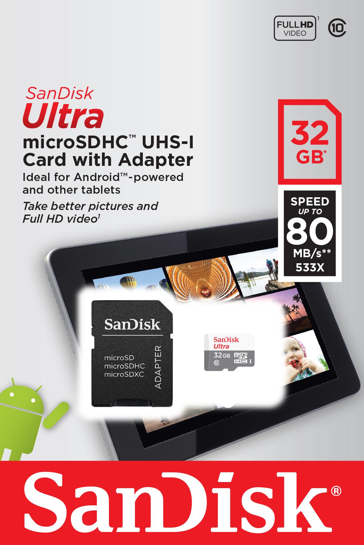 Карта памет SANDISK ULTRA microSDHC UHS-I, 32GB, Class 10, 80MB/s, +Адаптер