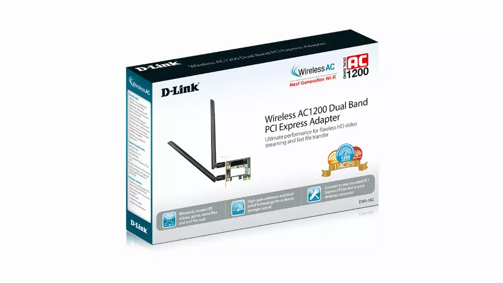 Безжичен Wireless адаптер D-Link DWA-582, Dual band, AC 1200, 2.4/ 5GHz,  PCI Express