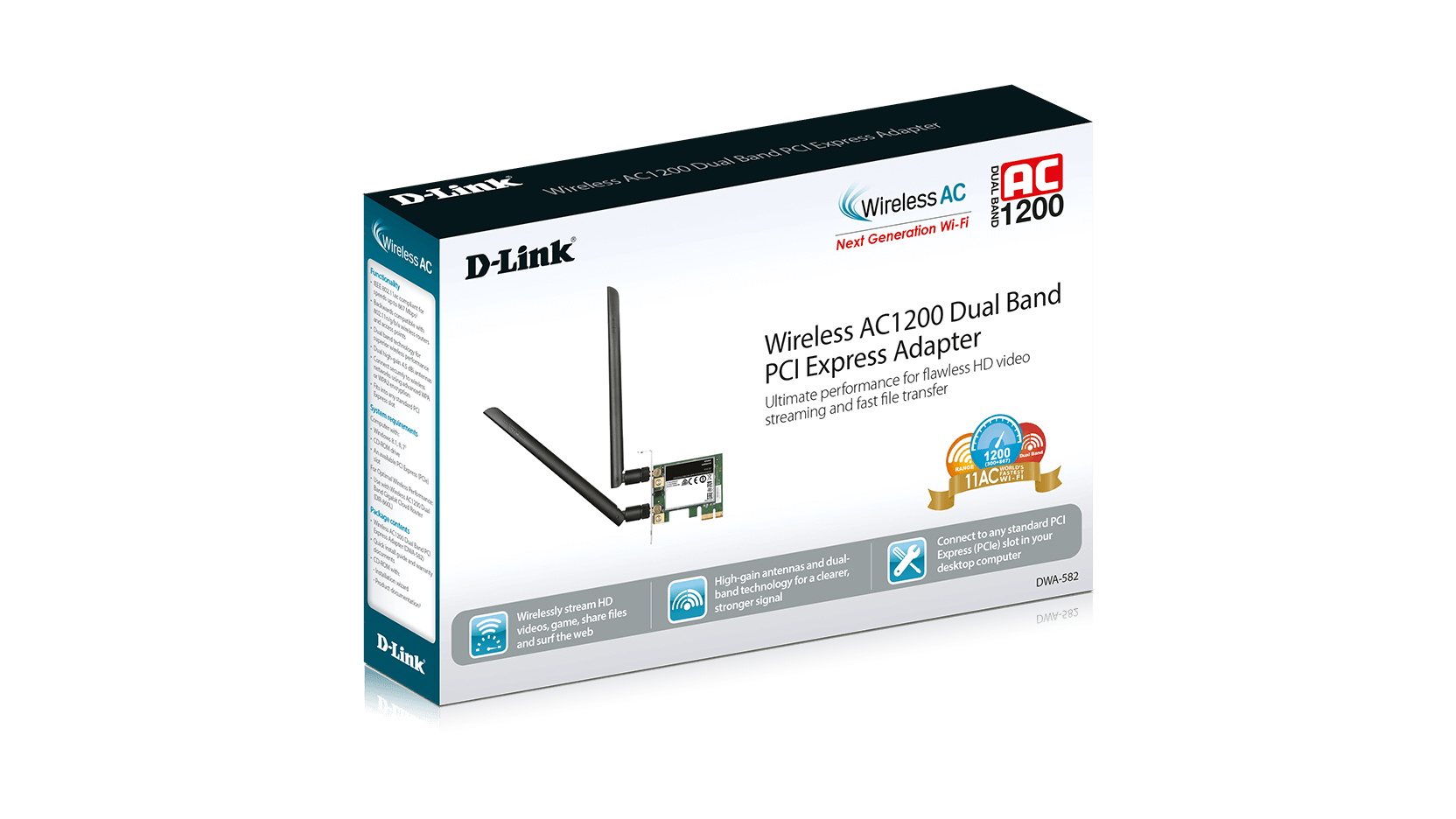 Безжичен Wireless адаптер D-Link DWA-582, Dual band, AC 1200, 2.4/ 5GHz,  PCI Express