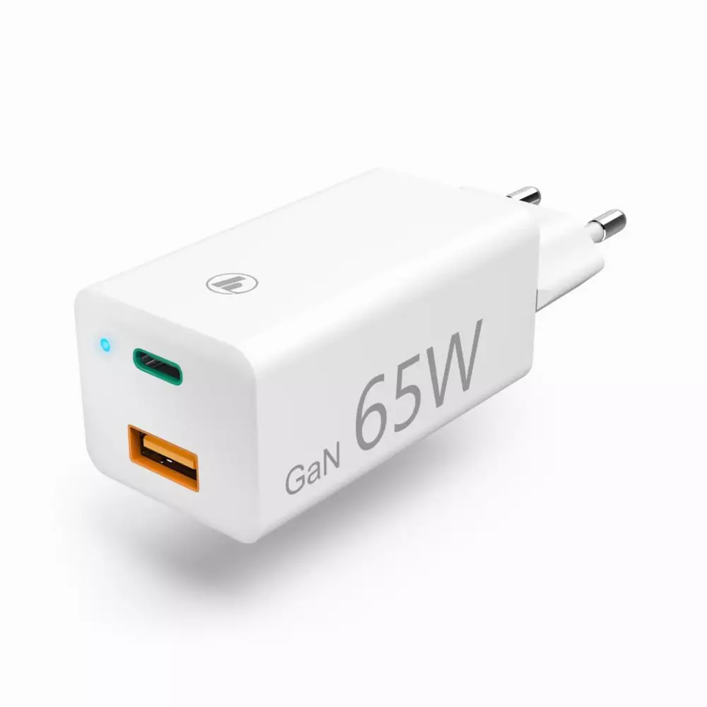 Зарядно 220V HAMA GaN, USB-C Power Delivery (PD) + USB-A QC 3.0, 65W, Бял