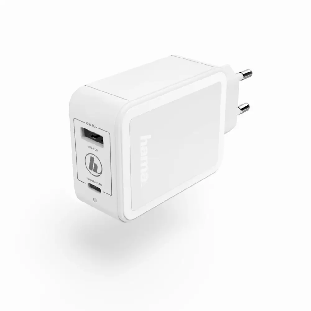 Зарядно 220V HAMA GaN, USB-C Power Delivery (PD) + USB-A, 42W, Бял
